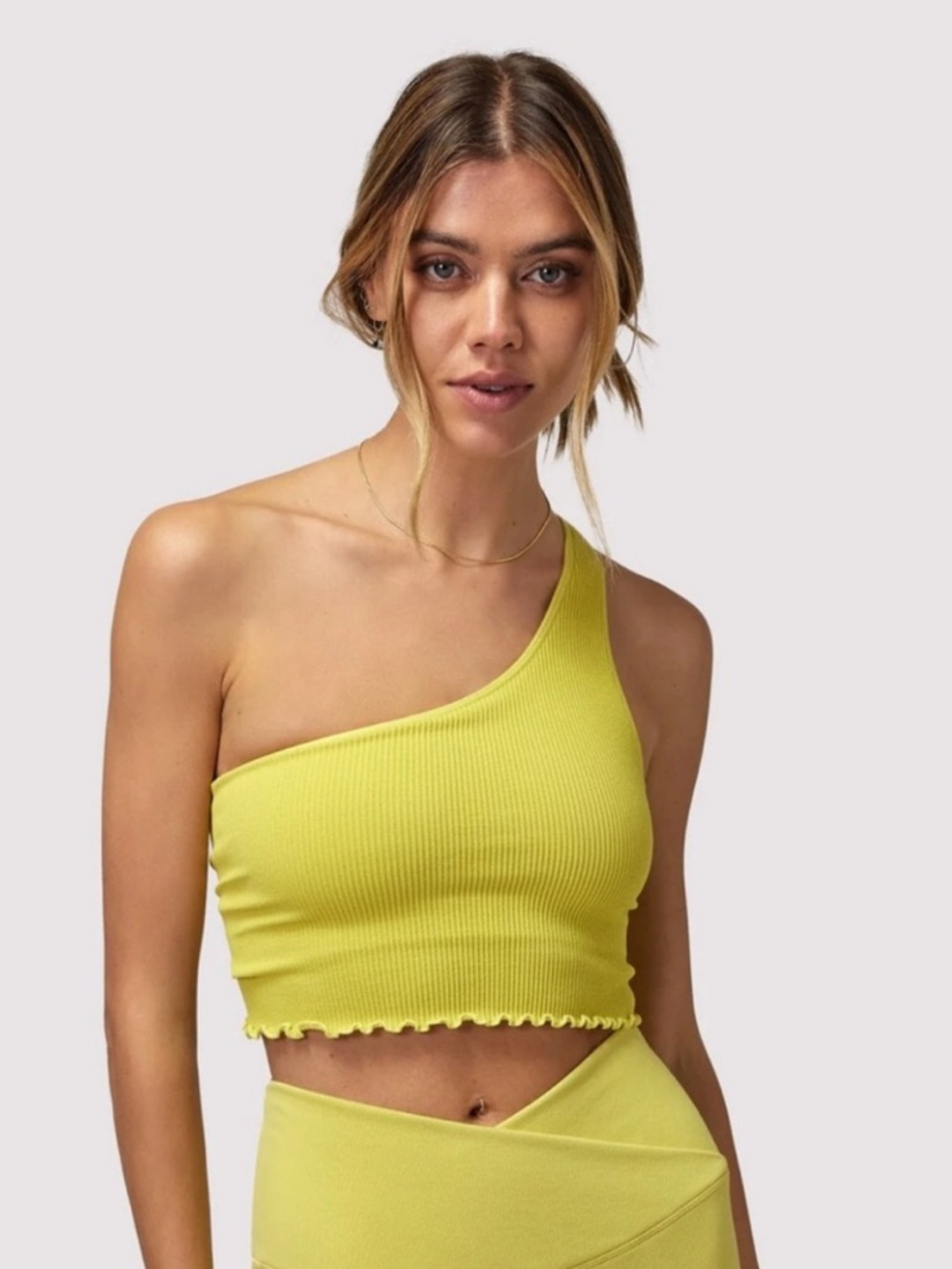 Spiritual Gangster One-Shoulder Ribbed Crop Top in Lemon (XS/S)